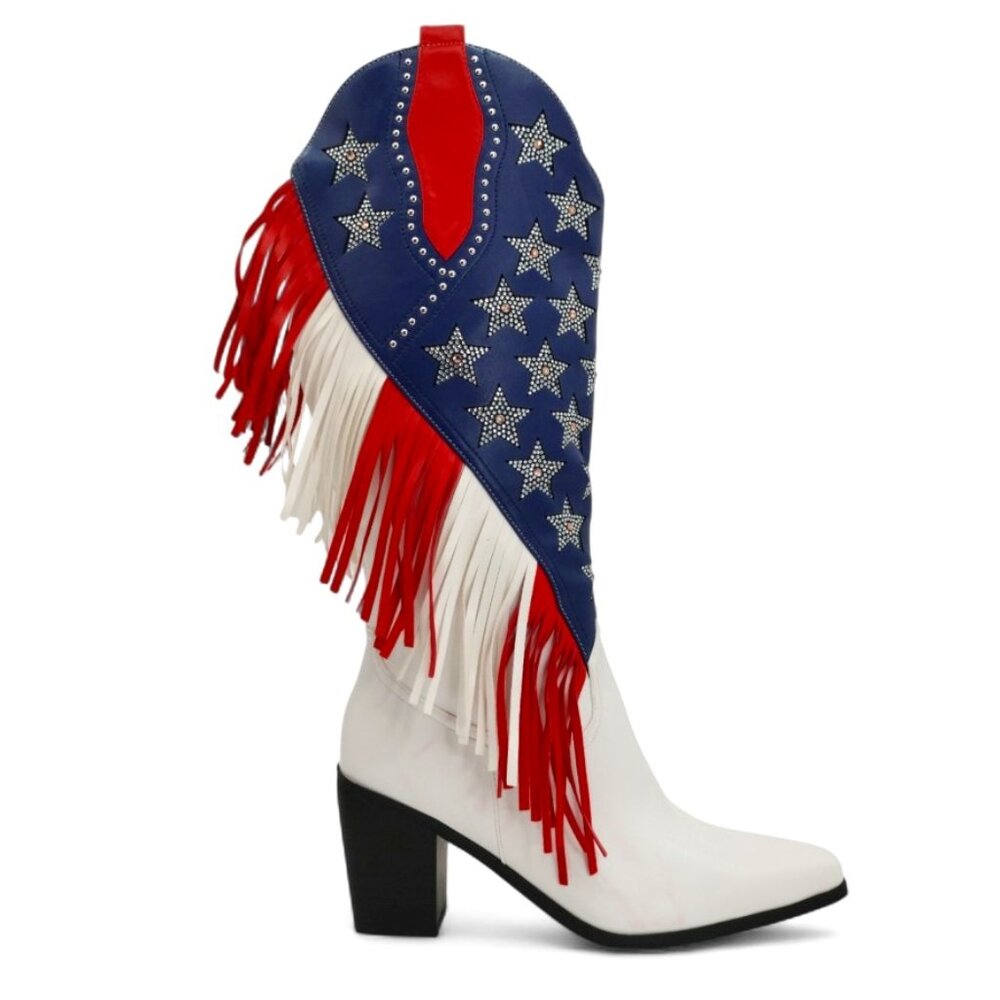 American Flag Size 11 Rhinestone Stars Fringe Knee High Block Heel Western Boot - Picture 4 of 16